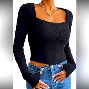 House of Harlow 1960 Black Long Sleeve Rib Knit Corset CropTop